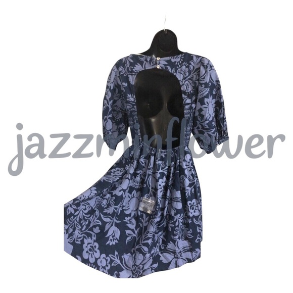 Free people dark navy blue dear delilah puff sleeve smocked babydoll mini dress - Picture 4 of 16